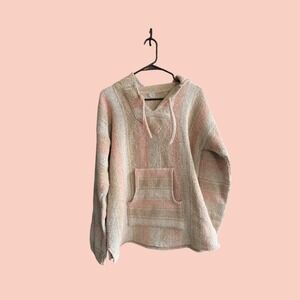 Vintage Artesanias F.R. Inc Baja Hoodie Beige Pink Striped Mexican Poncho Large